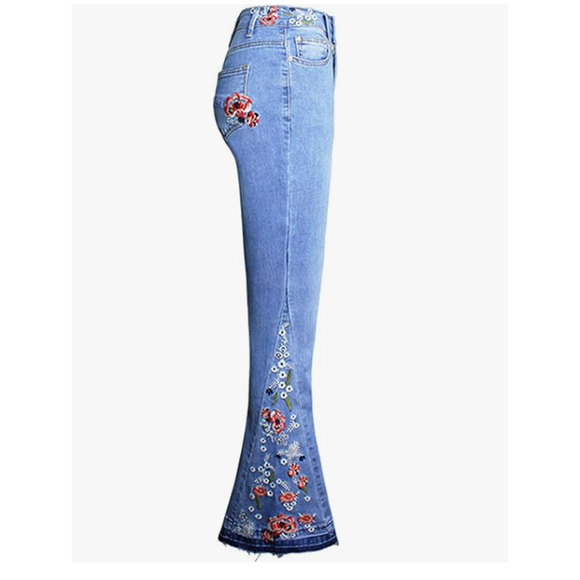 Y2K Embroidered Flare Jeans Women’s 14 Floral Boho Hippie Wide Leg Bell Bottom - Picture 4 of 13